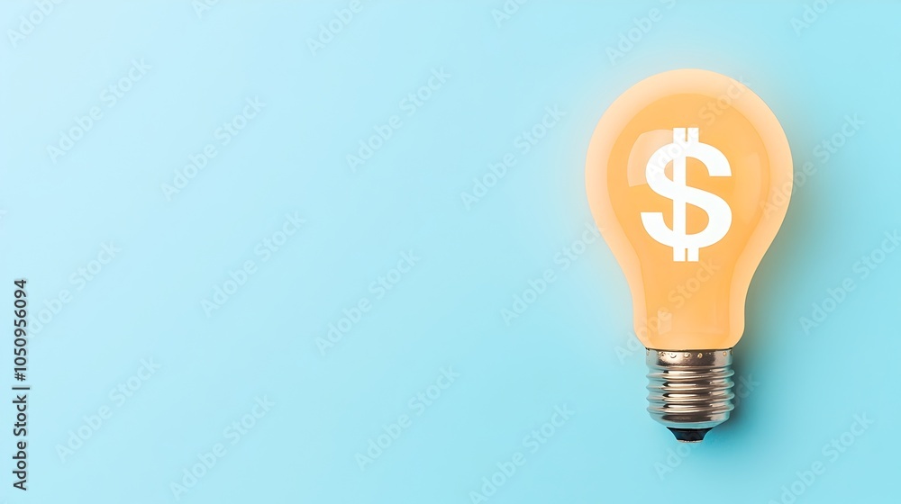 Poster glowing lightbulb with a floating dollar sign hologram on a minimalist blue and white background rep