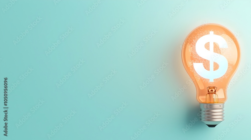 Poster detailed 3d rendering of a glowing lightbulb and holographic dollar sign floating against a clean wh