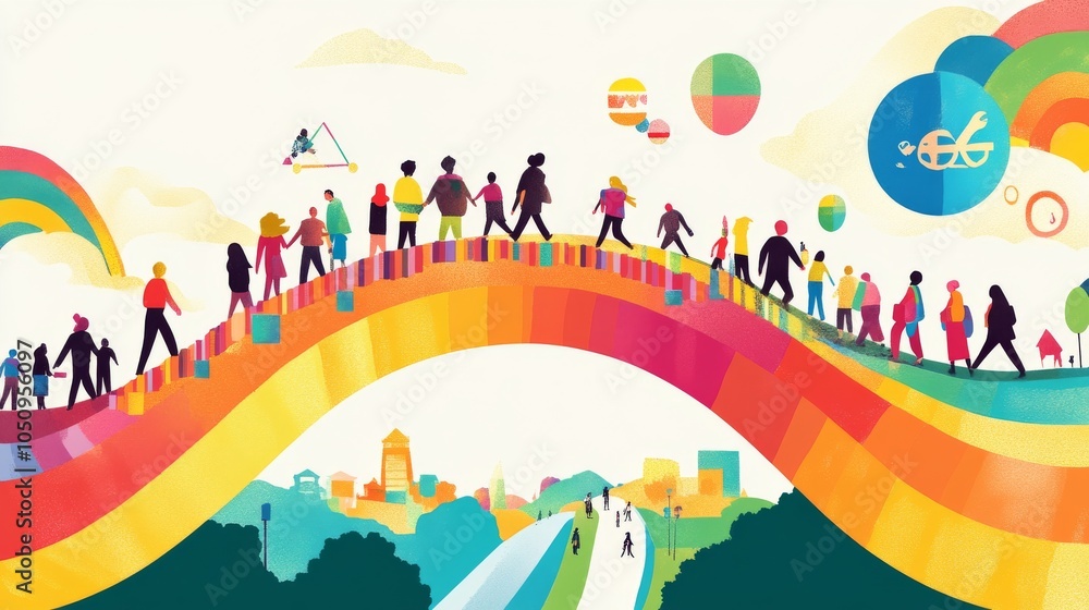 Poster an inspiring visual of a large, colorful rainbow bridge adorned with diverse cultural symbols, conne