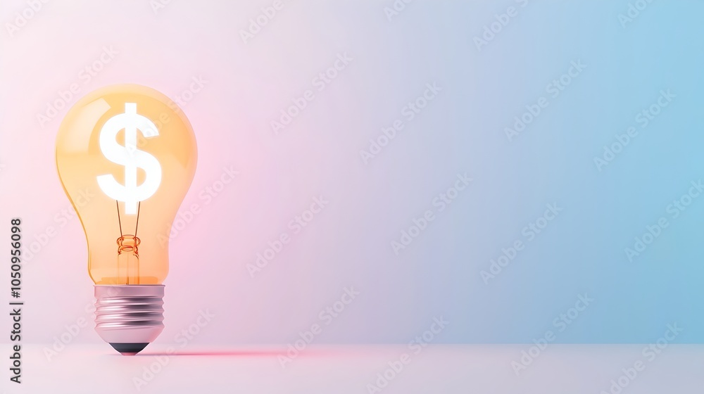 Leinwandbilder Detailed 3D rendering of a glowing lightbulb with a holographic dollar sign floating in front of a minimalist white and blue background leaving ample space for copy or text overlay