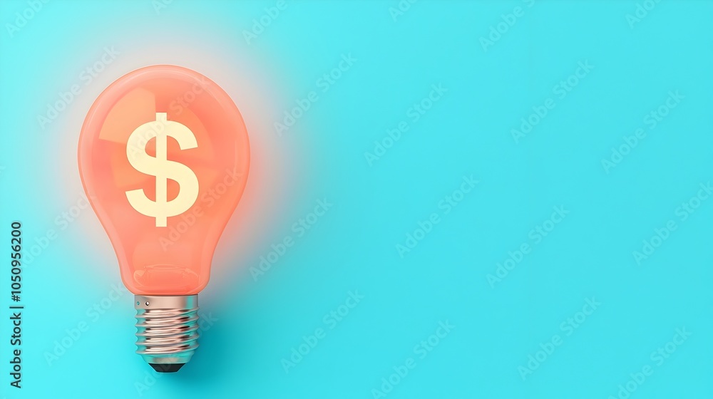 Aufkleber Glowing 3D lightbulb with a holographic dollar sign floating above it set against a clean blue and white background with ample copy space on the right for advertisements or marketing purposes