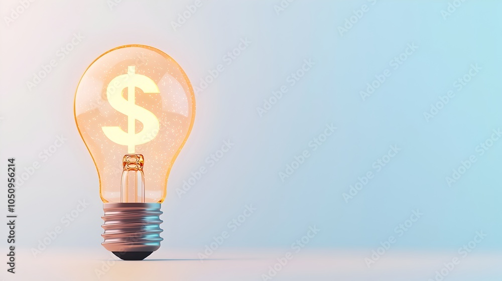 Aufkleber A 3D rendering depicting a glowing dollar sign hologram floating next to an illuminated lightbulb against a white and blue backdrop symbolizing financial success innovation