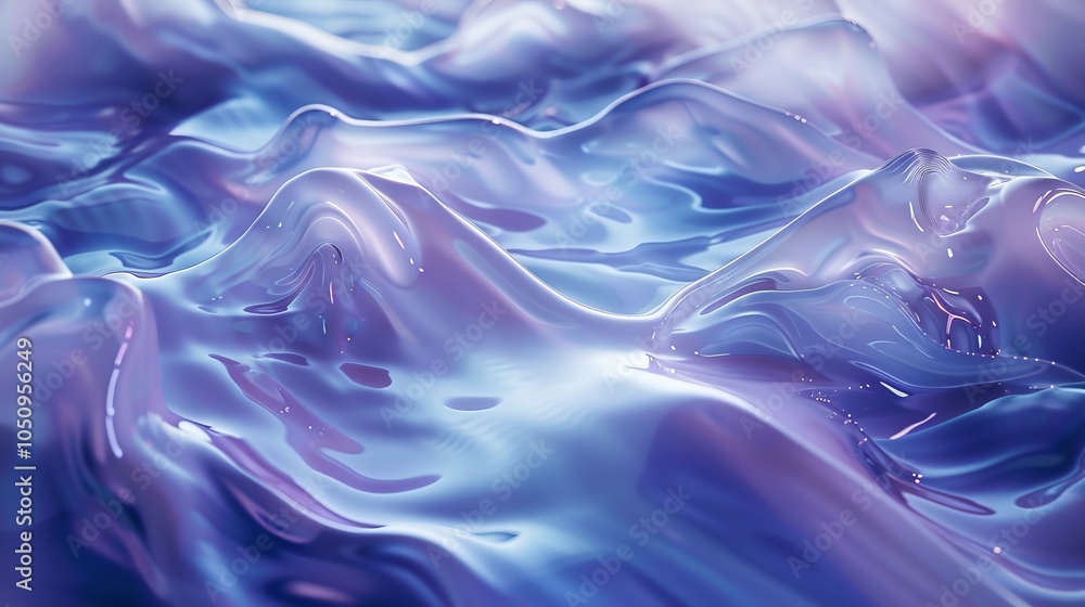 Poster a fluid landscape comprised of undulating shapes in shades of purple and blue, creating an abstract 