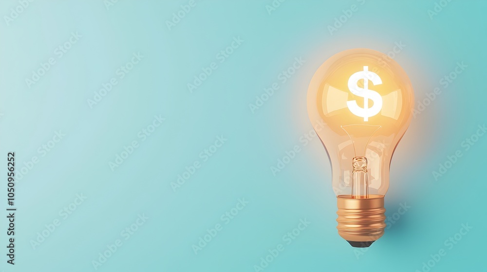Poster Close up of a shining lightbulb against a vibrant blue and white backdrop with a floating dollar sign hologram representing the concept of finance business