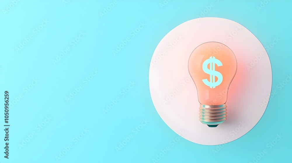 Poster glowing dollar sign hologram floating beside an illuminated lightbulb against a white and blue backd