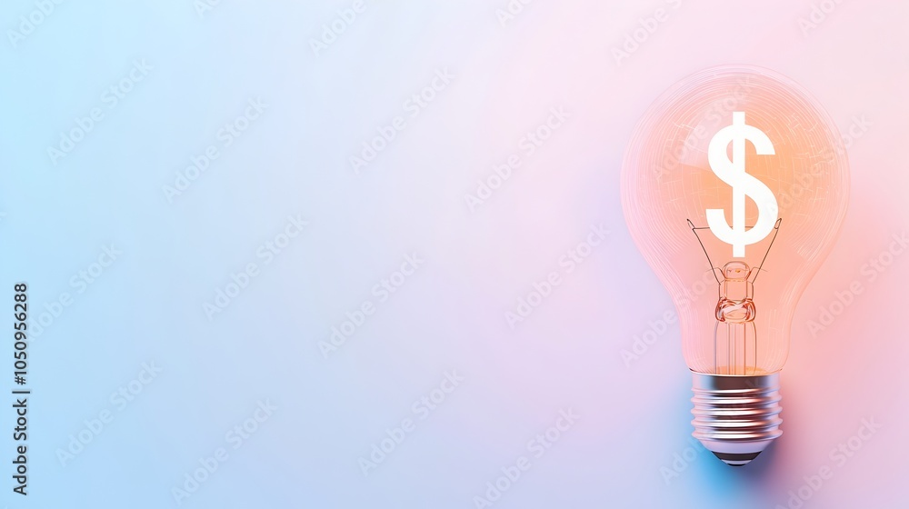 Poster glowing lightbulb and dollar sign hologram floating on a minimalist white and blue gradient backgrou