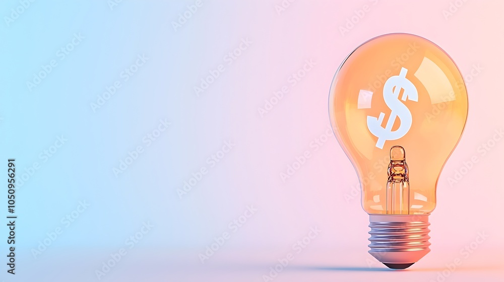 Poster Glowing lightbulb and dollar sign hologram floating on a minimalist white and blue gradient background creating a futuristic and innovative visual representation for business finance