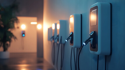 Electric vehicle charging station with multiple chargers in modern setting