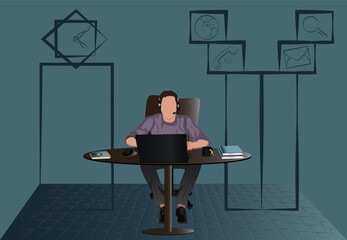 men in a office, working in call center, , logistics, fast express, laptop, computer, businessman vector,book and copybook in a table, coffee, mouse, headphone, letter, phone, search, clock, pen