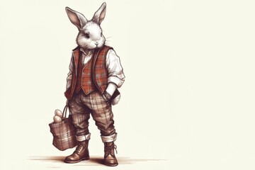 Eleganter Osterhase in karierter Weste und Hose steht l&auml;ssig und h&auml;lt einen Korb mit Ostereiern. Die Illustration hat einen Vintage-Stil,  viel Textfreiraum, ideal f&uuml;r eine Postkarte. Generative KI