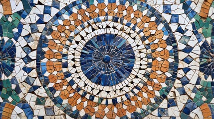 Obraz premium Close-up of an intricate mosaic with circular patterns in blue, orange, white, and green hues. Textured and geometric, evoking Mediterranean and artisanal design. AI generative.
