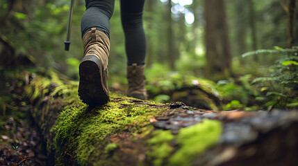 hiker walking on mossy log in lush forest, enjoying natures beauty