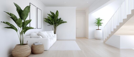 Fototapeta premium Bright and airy modern living room design with lush greenery and elegant minimalism perfect for relaxation and contemporary aesthetics