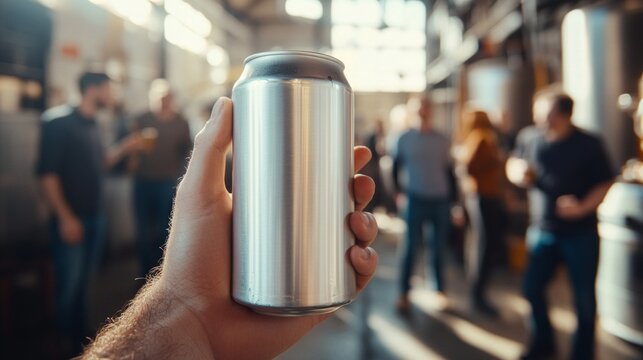 Closeup of a hand holding a can in a busy brewery celebration