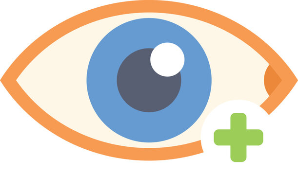 Simple flat vector illustration of a healthy human eye with a plus sign symbol indicating good vision