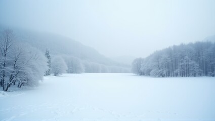 Winter landscape with snow-covered trees and hills under a foggy sky, serene and tranquil scenery. Generative, AI,