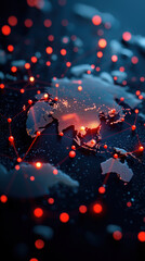 Digital representation of global logistics with interconnected nodes and lines, showcasing network of data flow across continents. vibrant red highlights create dynamic visual impact