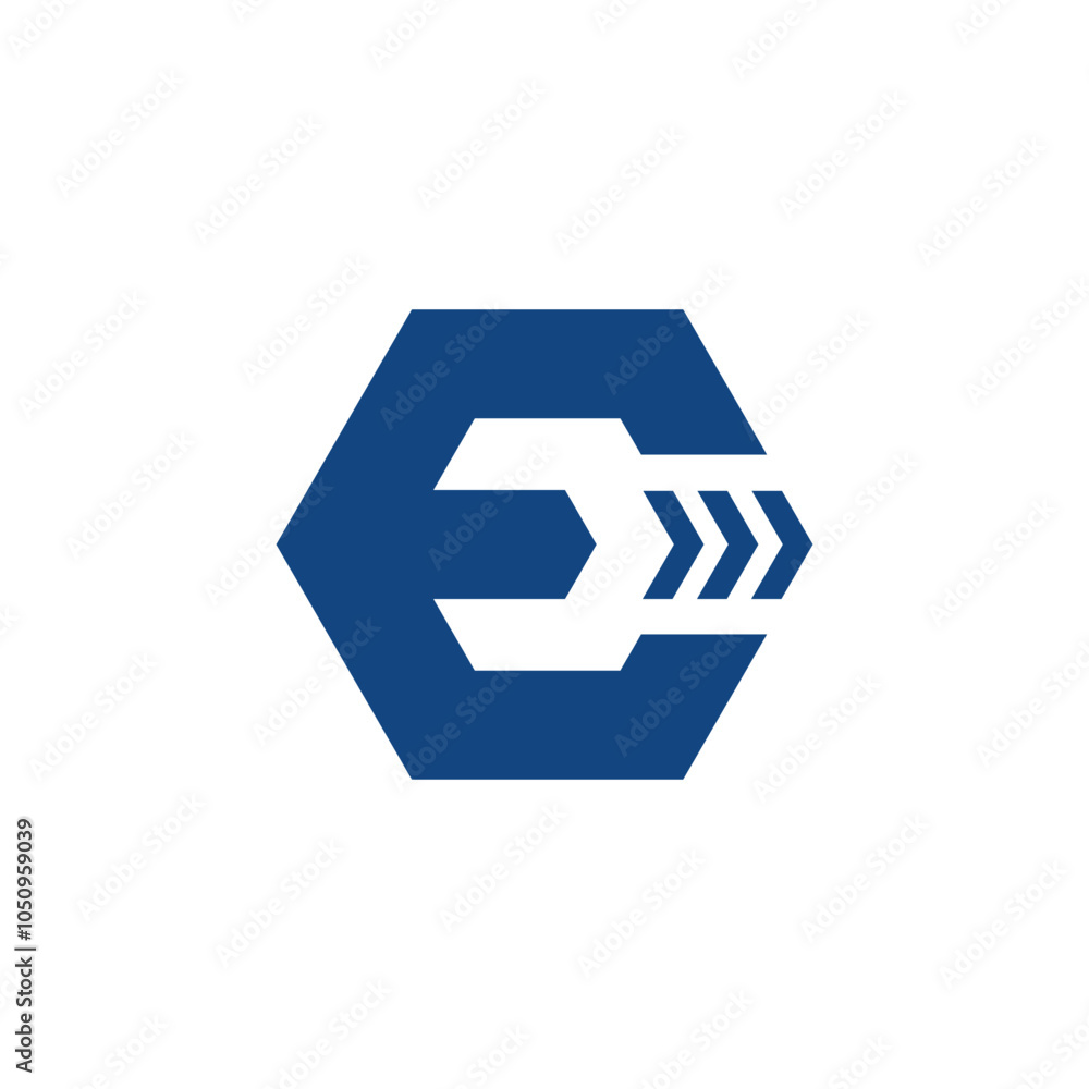 Poster this design is a logo of a bold letter e in uppercase in hexagon shape with three arrows facing righ