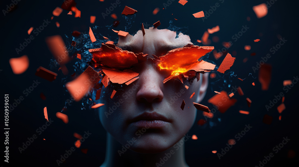 Poster artistic shot of angry face with fiery eyes, surrounded by chaotic fragments. intense expression con