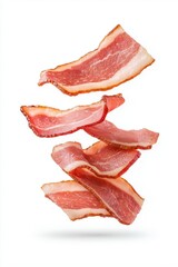 Obraz premium Slices of raw bacon floating against a white background, showcasing rich marbling, red and pink tones, and a tempting, fresh appearance