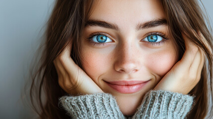 young woman with bright blue eyes and dreamy smile gently holds her face with both hands, exuding warmth and joy
