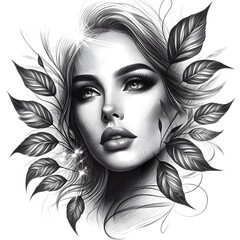 Fototapeta premium A portrait of a woman with delicate facial features, intertwined with leaves, blending human beauty with nature. Fine lines and light effects emphasize the detailed composition.