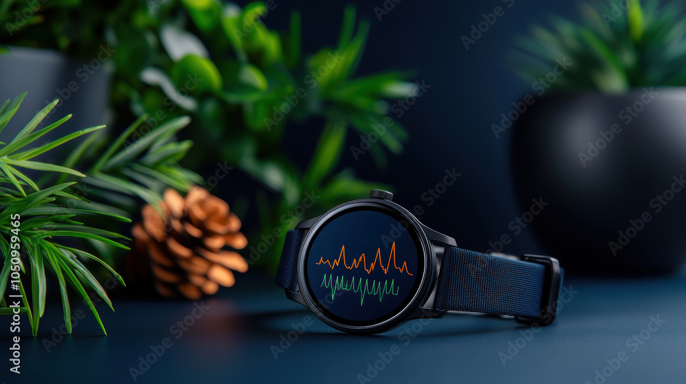Poster sleek smartwatch displaying vibrant health dashboard with live data, surrounded by lush greenery and