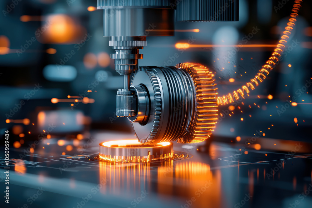 Poster modern machine tool cutting metal with sparks flying, showcasing precision engineering and advanced 