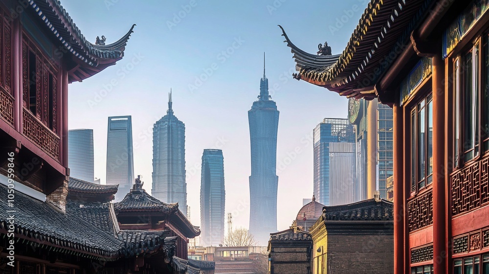 Poster cultural integration represented by a city skyline blending traditional architecture with modern sky
