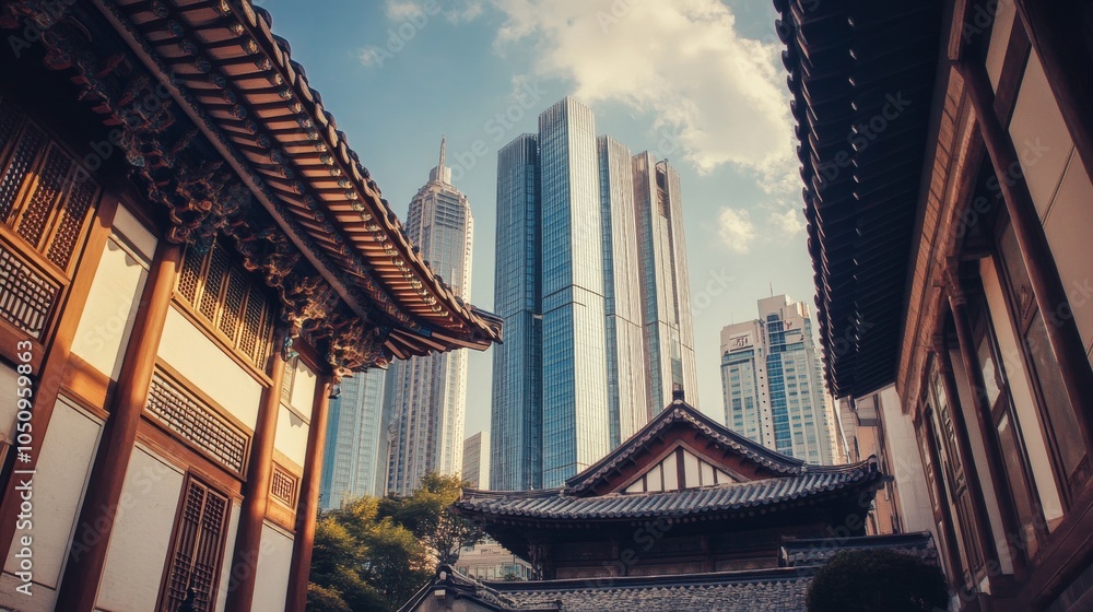 Poster cultural integration represented by a city skyline blending traditional architecture with modern sky