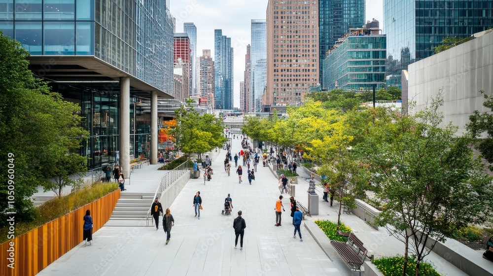 Poster disability inclusivity represented by a cityscape featuring accessible infrastructure and inclusive 