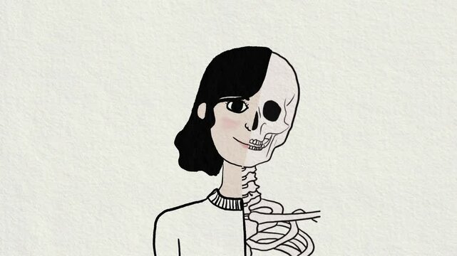 2D Cartoon of Human Anatomy Animation with Half Human, Half Skeleton Body for Medical Education and Visualization of Bones in water color style, Cute Hand Painting Illustration with Paper Texture