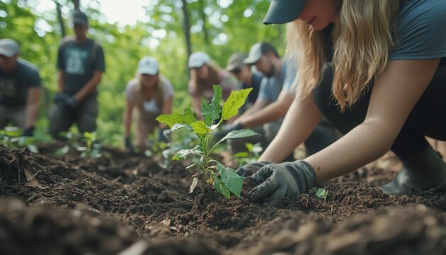 Group of enthusiastic volunteers engaging in environmental conservation efforts