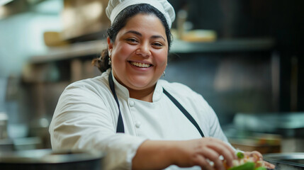 Obraz premium Happy plus-size female chef preparing fresh ingredients in a professional kitchen, wearing a traditional white uniform and chef's hat, exuding warmth and expertise