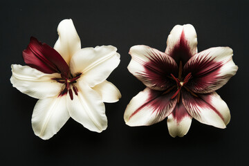Fototapeta premium Two large, cream and burgundy, star-shaped lilies, with a dark background, photographed from above.