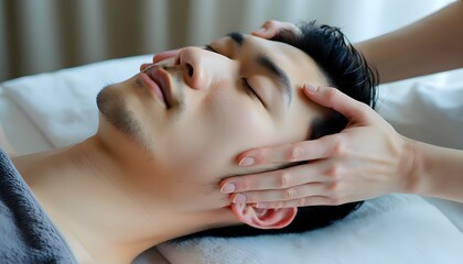 Naklejka premium Serene facial massage experience showcasing relaxation and therapeutic ambiance in an intimate setting