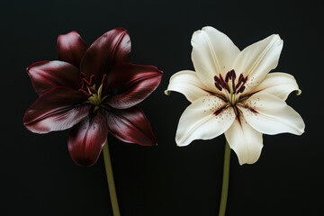 Fototapeta premium Two large, cream and burgundy, star-shaped lilies, with a dark background, photographed from above.