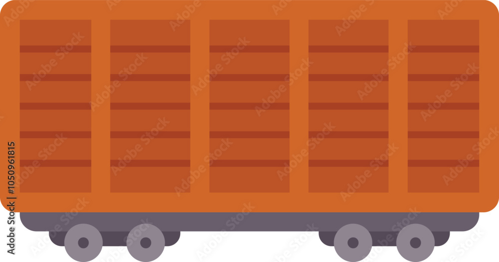 Poster empty covered freight wagon standing on rails ready for loading cargo and transportation