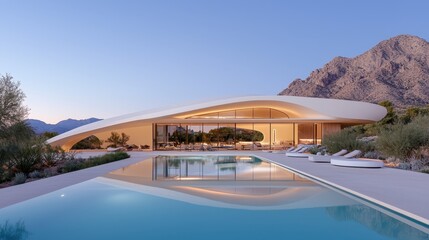 Fototapeta premium Modern minimalist architecture a stunning desert oasis with innovative design luxurious pool and breathtaking mountain views at dusk
