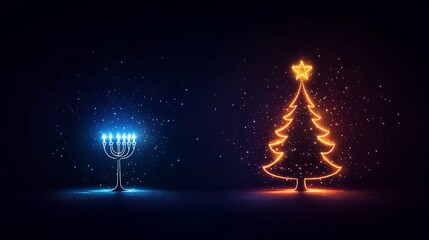 A festive illustration showcasing a blue menorah and an orange Christmas tree, symbolizing holiday celebrations.