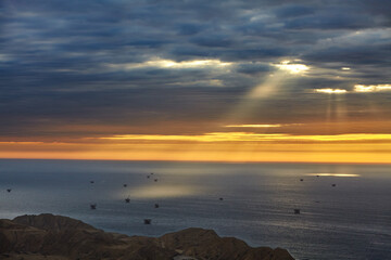 Fototapeta premium beach, beautiful, bird, birds, blue, board, cabo blanco, majestic sunset at Cablo Blanco, from el Alto. Piura Peru