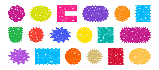 Sticker starburst shape crayon art, label colorful star chalk design, sale price tag, sun grunge badge, discount icon isolated on white background. Pastel banner hand drawn. Vector illustration