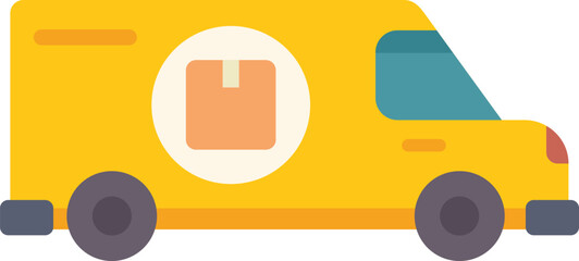 Simple flat illustration of a yellow delivery van transporting a package, representing the concept of shipping and logistics © anatolir