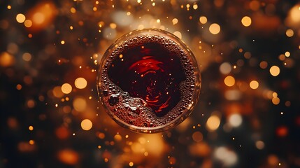 Obraz premium Sophisticated top-view shot of deep red wine flowing into a glass, surrounded by a bokeh-style blurred background, creating a sense of refinement and warmth