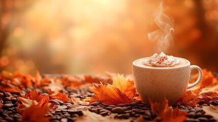 Beautiful coffee cup steaming on a gradient backdrop of autumn colors, soft orange and brown tones with space for text in a clean, inviting layout