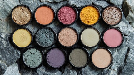 Crushed natural mineral eyeshadows in soft earthy tones, scattered on a rough stone background, eco-friendly makeup aesthetic, highlighting raw beauty