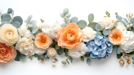 Obraz premium Set of pastel-colored flowers, hydrangeas, peonies, and ranunculus on white backdrop, subtle shadowing for a modern and elegant floral banner