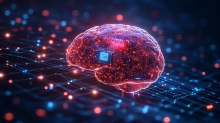 Detailed brain diagram with an implanted chip, data visualization lines connecting to AI symbols, Neuroscience breakthrough, AI-driven cognitive skill improvement