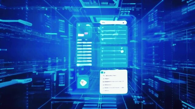 Ai Futuristic holographic interface of a file manager, folder structure with documents and data scanning, digital document storage software, cloud database,