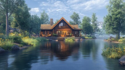 Fototapeta premium Serene lakeside cabin surrounded by lush greenery and calm waters.